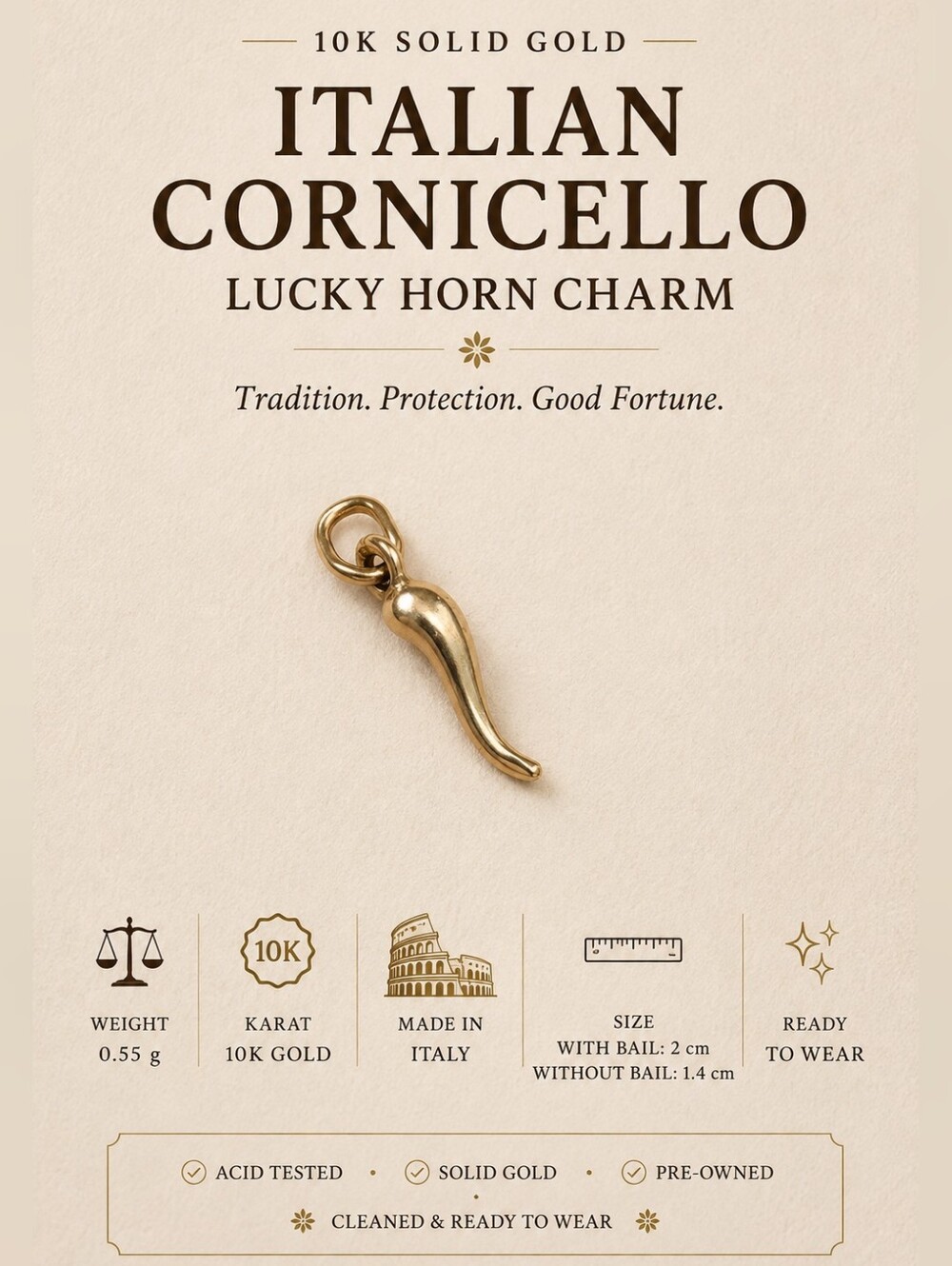 10K Solid Gold Italian Cornicello Lucky Horn Charm | Made in Italy - 0.55g